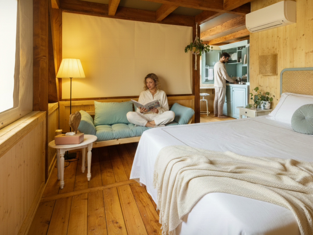 Interno spazioso di una glamping Eco-suite con tutti i comfort