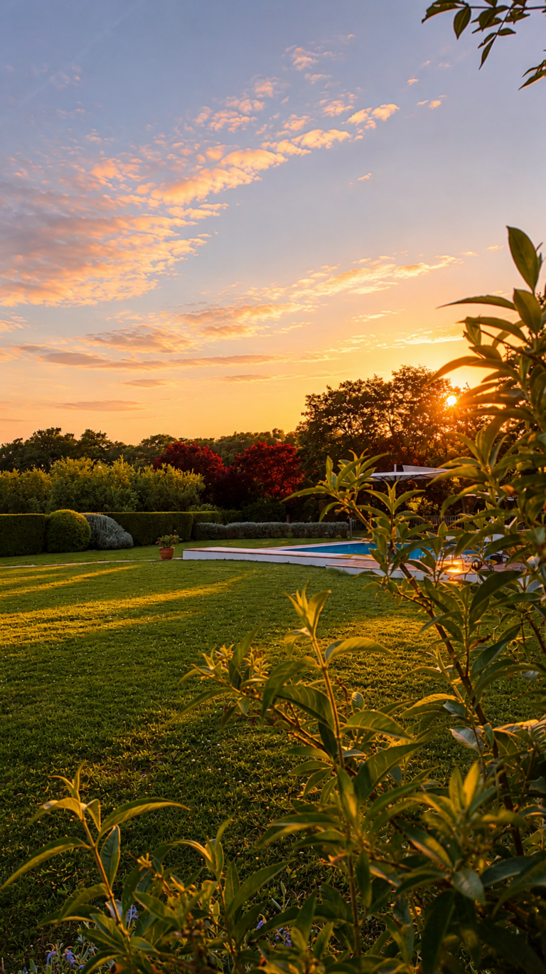 Tramonto sul giardino e la piscina salata, Glamping Seme di Carota a Saturnia