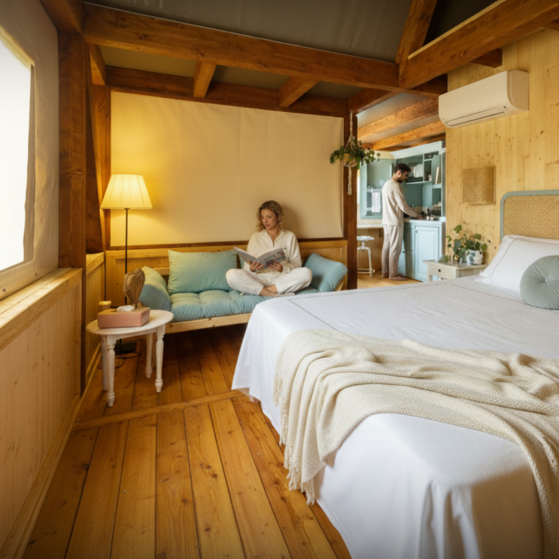 Interni tenda glamping con letto matrimoniale e aria condizionata