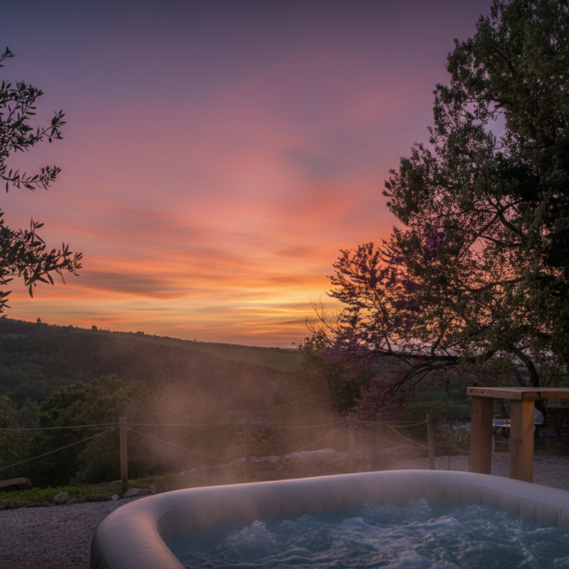 Jacuzzi privata al tramonto nel Glamping Seme di Carota vicino alle Terme di Saturnia
