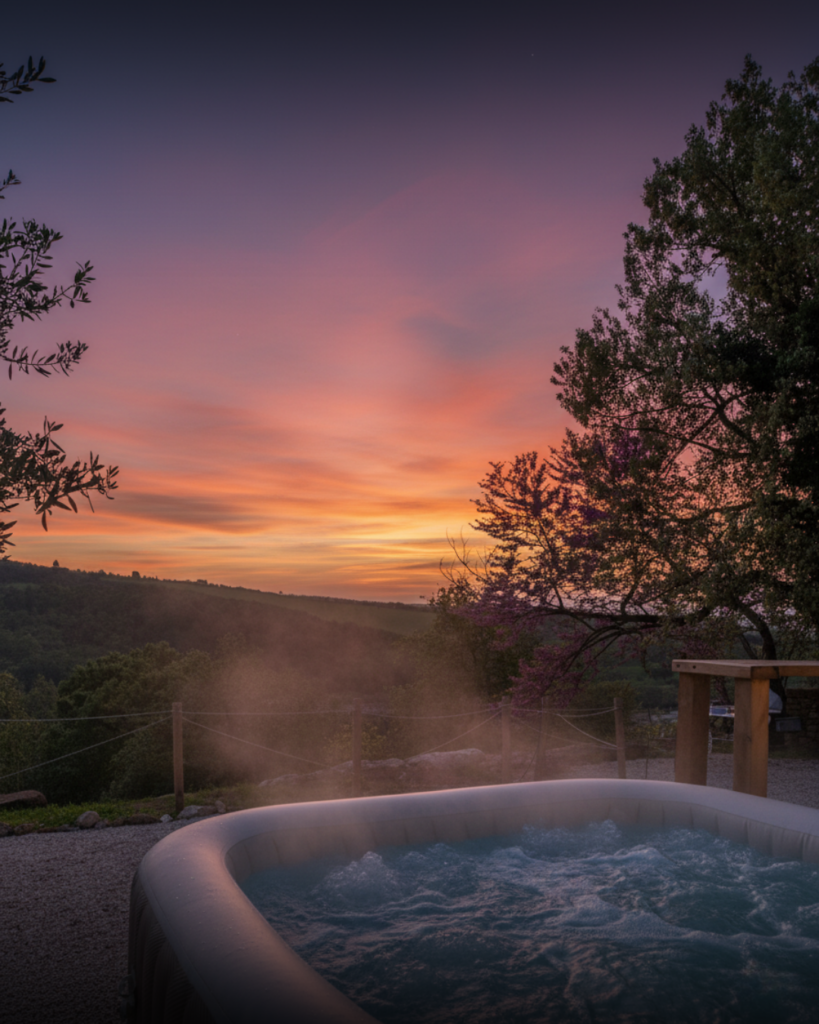 Jacuzzi privata al tramonto nel Glamping Seme di Carota vicino alle Terme di Saturnia