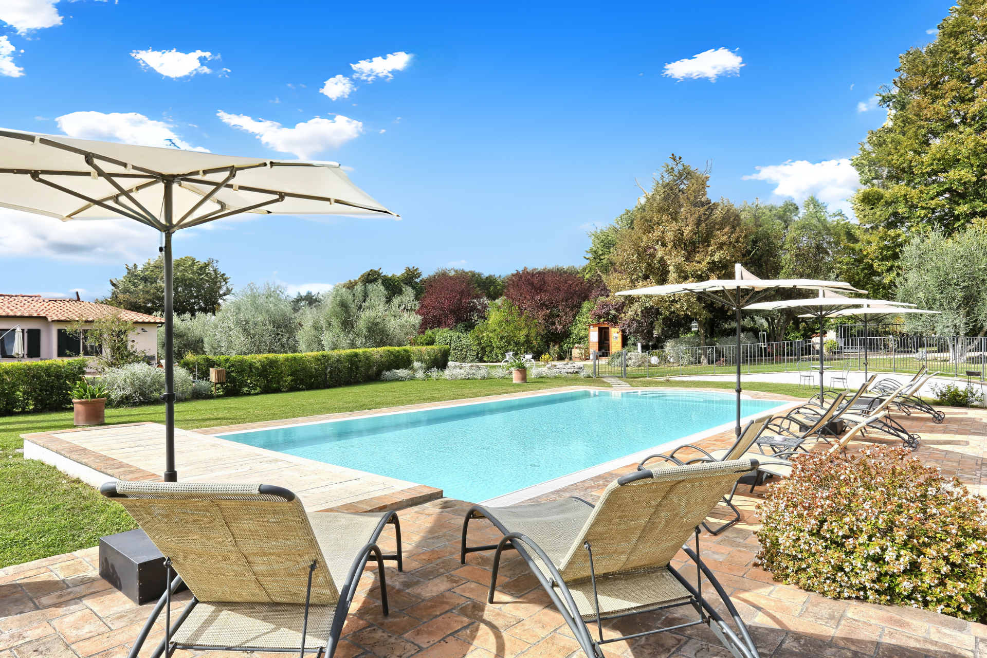 Piscina panoramica ad acqua salata del Glamping Seme di Carota a Saturnia, quasi vuota fuori stagione
