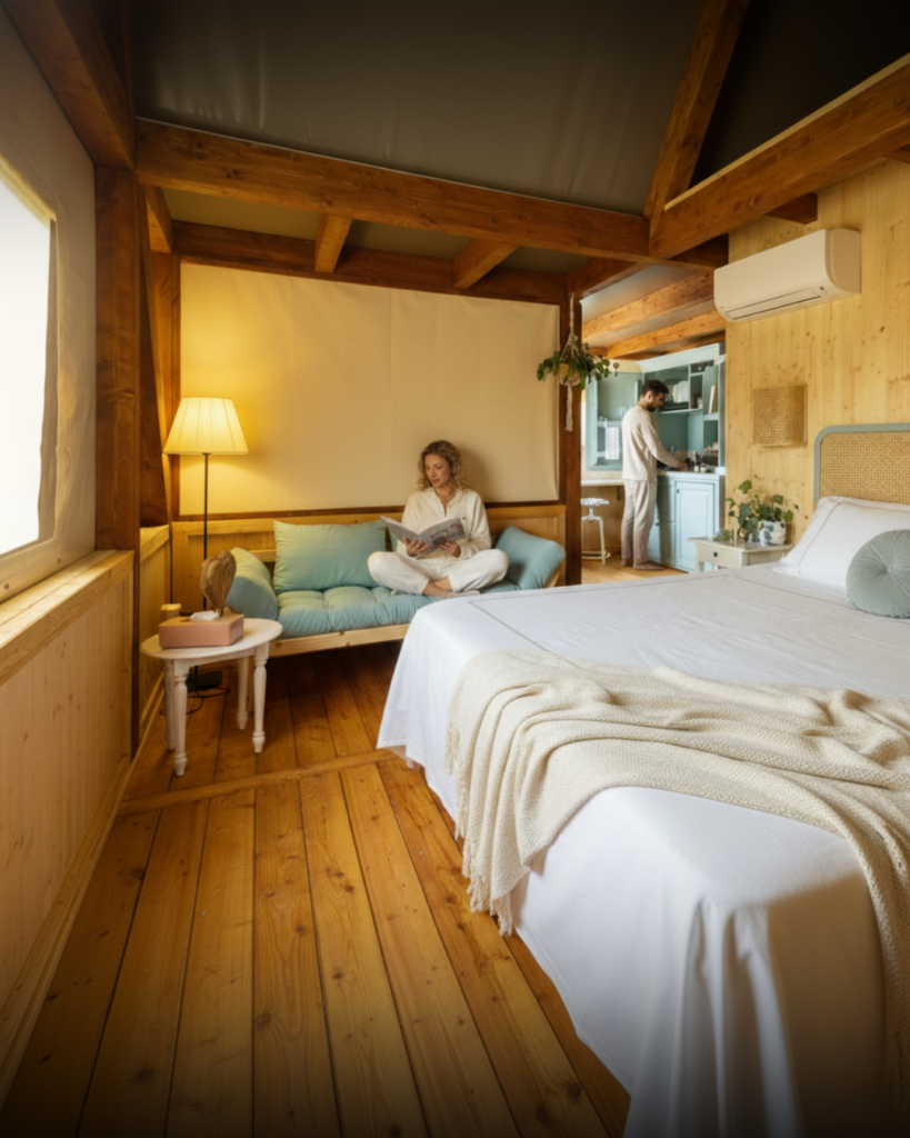 Interni tenda glamping con letto matrimoniale e aria condizionata