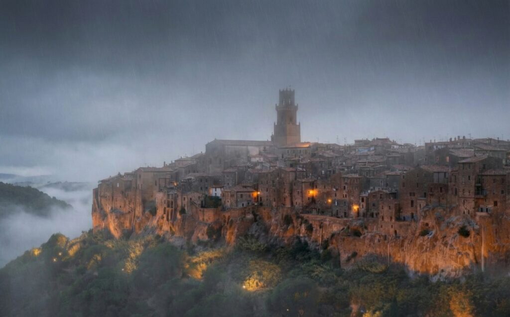 Il borgo di Pitigliano scavato nel tufo avvolto da una leggera nebbia durante una giornata uggiosa in Maremma.
