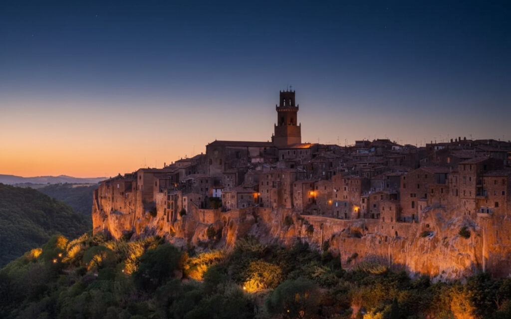 Vista panoramica di Pitigliano città del tufo al tramonto vicino a Saturnia
