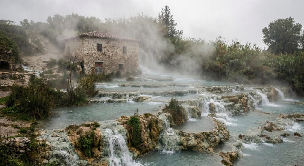 Le Cascate del Mulino alle Terme di Saturnia avvolte dal vapore termale durante una giornata di pioggia.