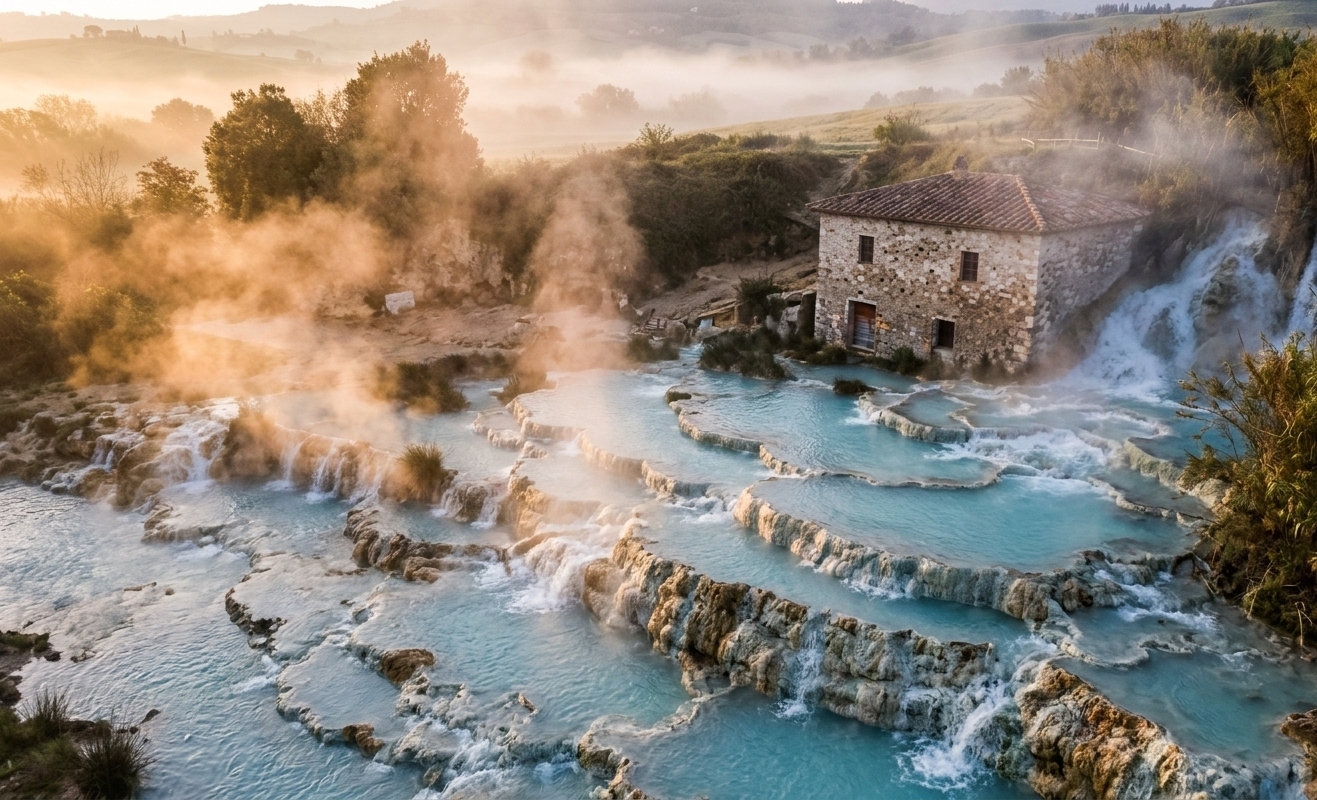 Cascate del Mulino alle Terme di Saturnia in Maremma, senza folla fuori stagione