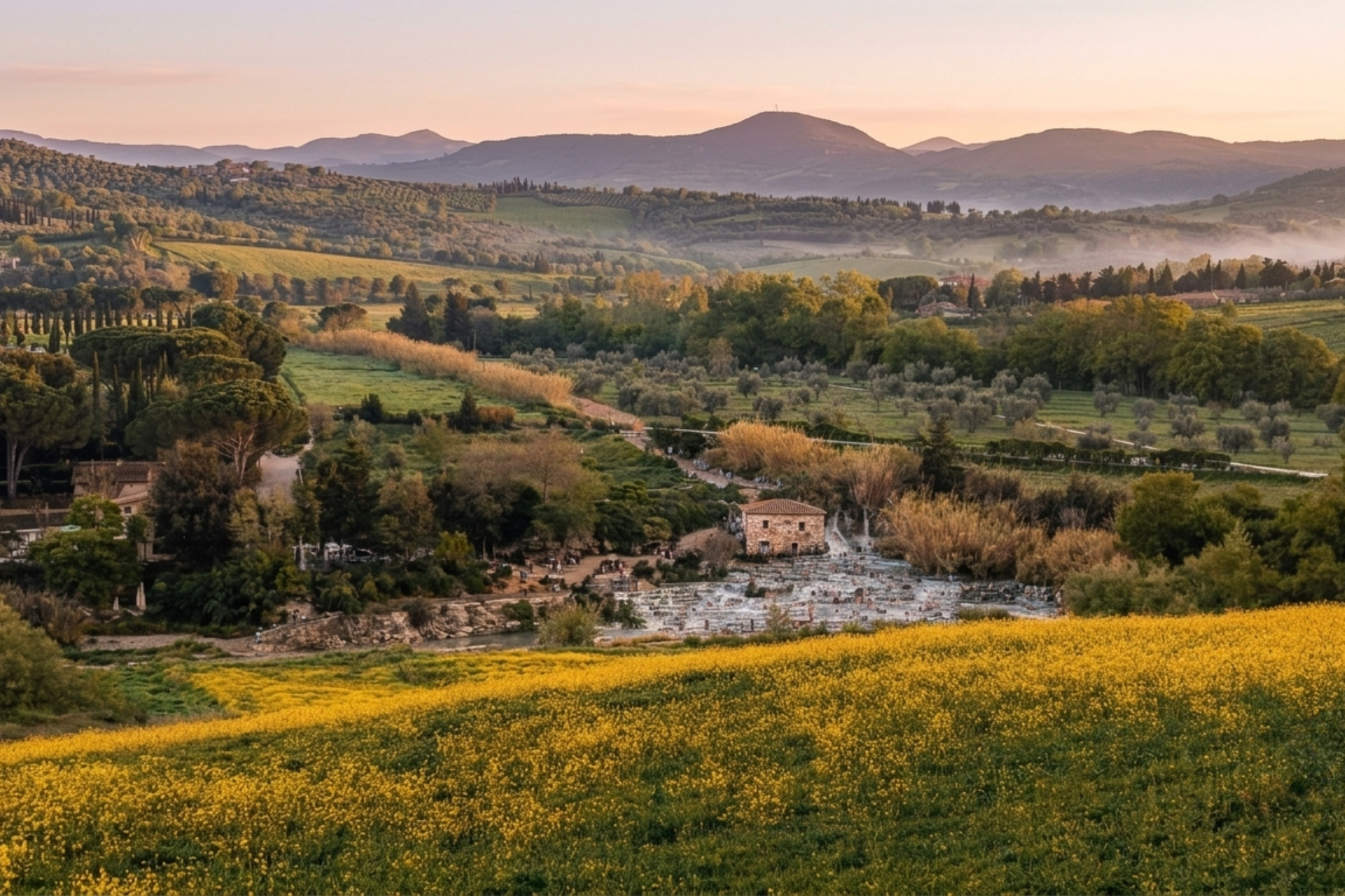 Il Monte Amiata all'alba visto dalle colline sopra Saturnia, con le Cascate del Mulino visibili in basso: lo stesso paesaggio che l'acqua attraversa in quarant'anni di viaggio sotterraneo